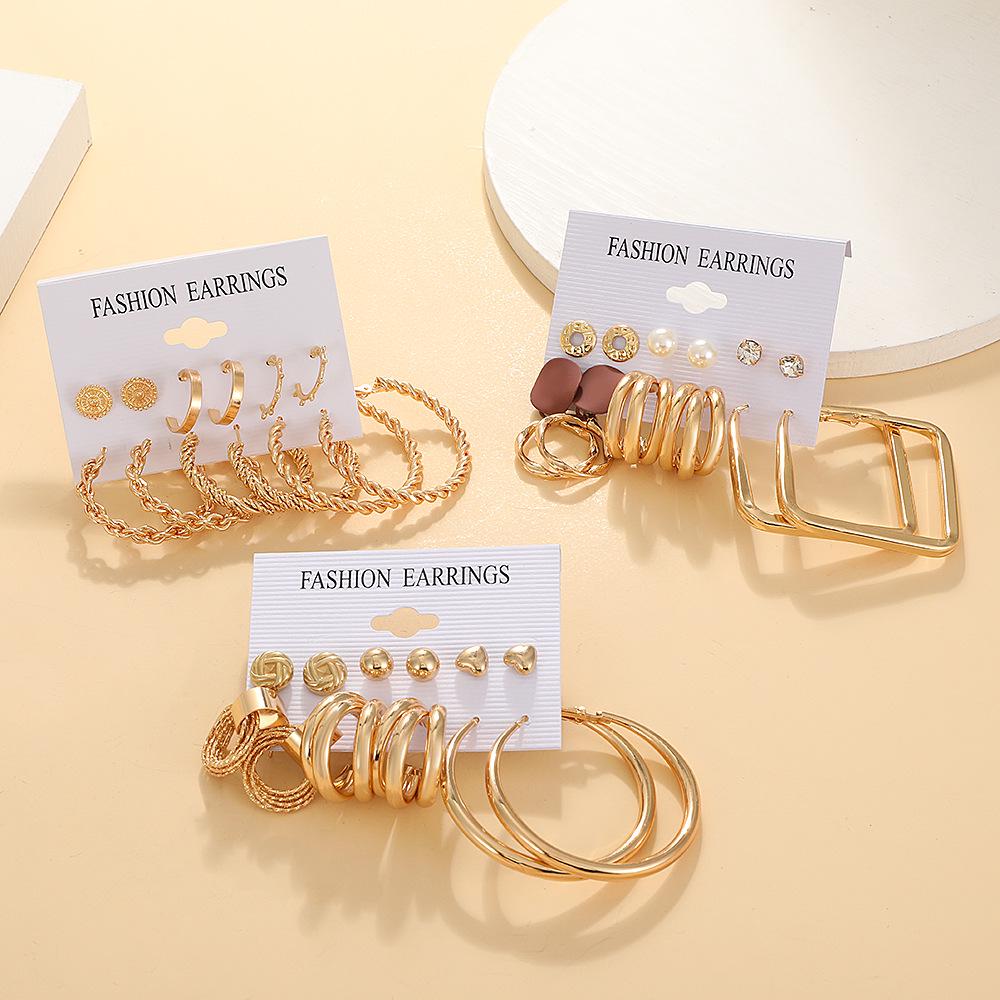 European & American Vintage Pearl Geometric Gold Hoop & Stud Earrings Set - 6 Pieces