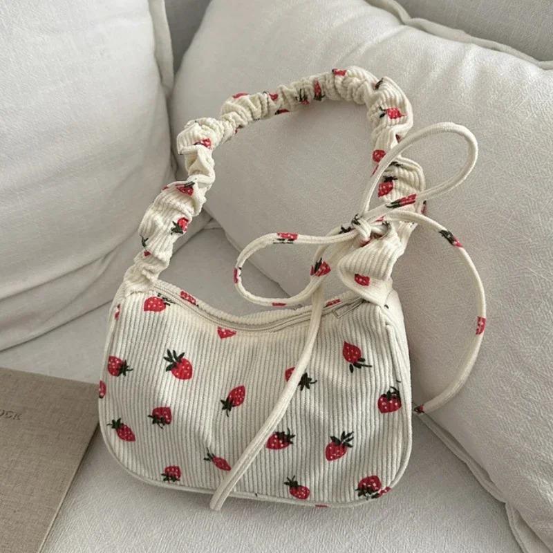 Women Small Underarm Bag Corduroy Handbag Cute Strawberry Print Little Tote Half Moon Design Eco Cloth Purse Mini Shoulder Bags