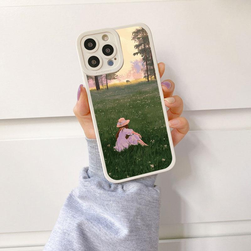 

Cartoon Green Lawn Suburban Relaxation Phone Case for IPhone 14 11 12 13 Pro Max 7 8 14 Plus SE2 XR XS X Vintage Cute Soft Cover iPhone 8 Plus（5.5 ）