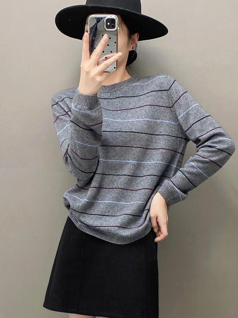 Women's Striped Cashmere Pullover, Long Sleeve Round Neck Sweater, Autumn/Winter Knitwear.