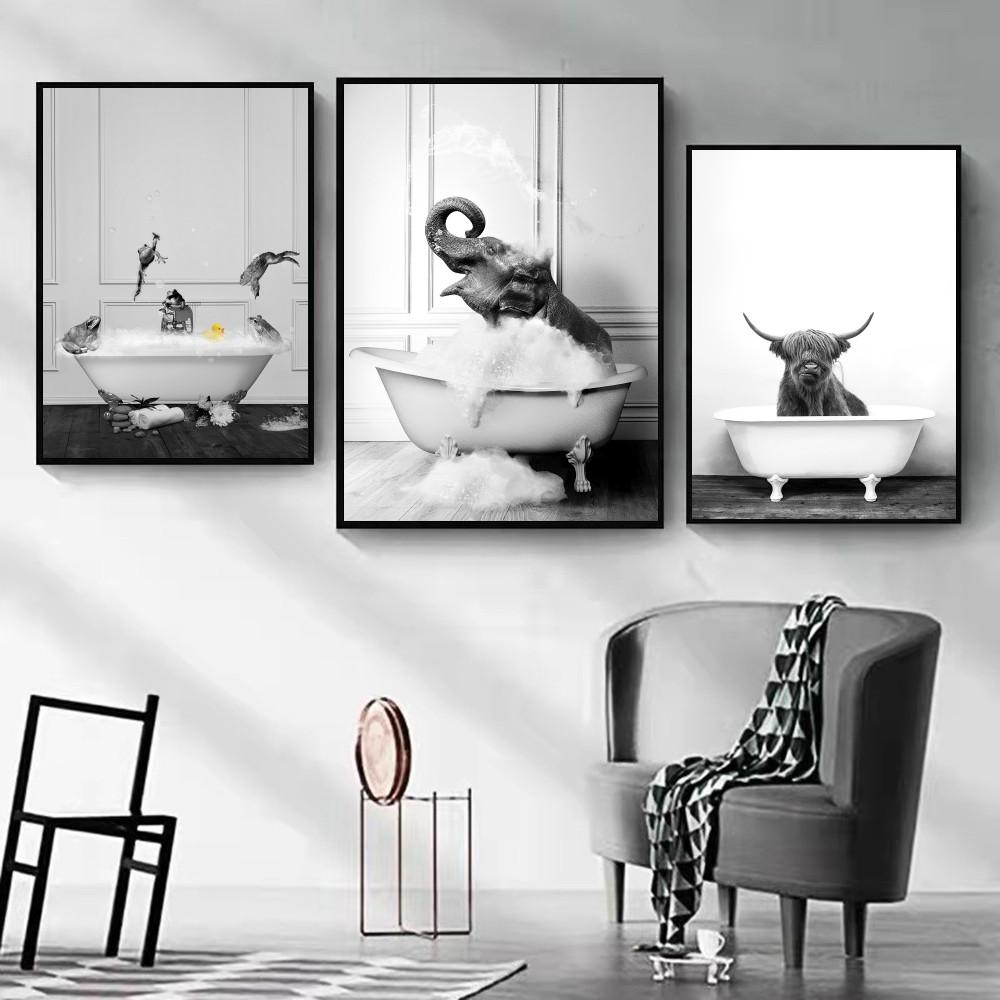 1pc Retro Art Bathroom Animal Poster Self-adhesive Art Poster Waterproof Paper Sticker Coffee House Bar Room Wall Decor