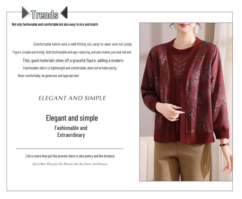 Elegant Jacquard Spring T-shirt Set for 50-Year-Old Women - Enhances Skin Tone, Perfect As Outerwear or Base Layer
