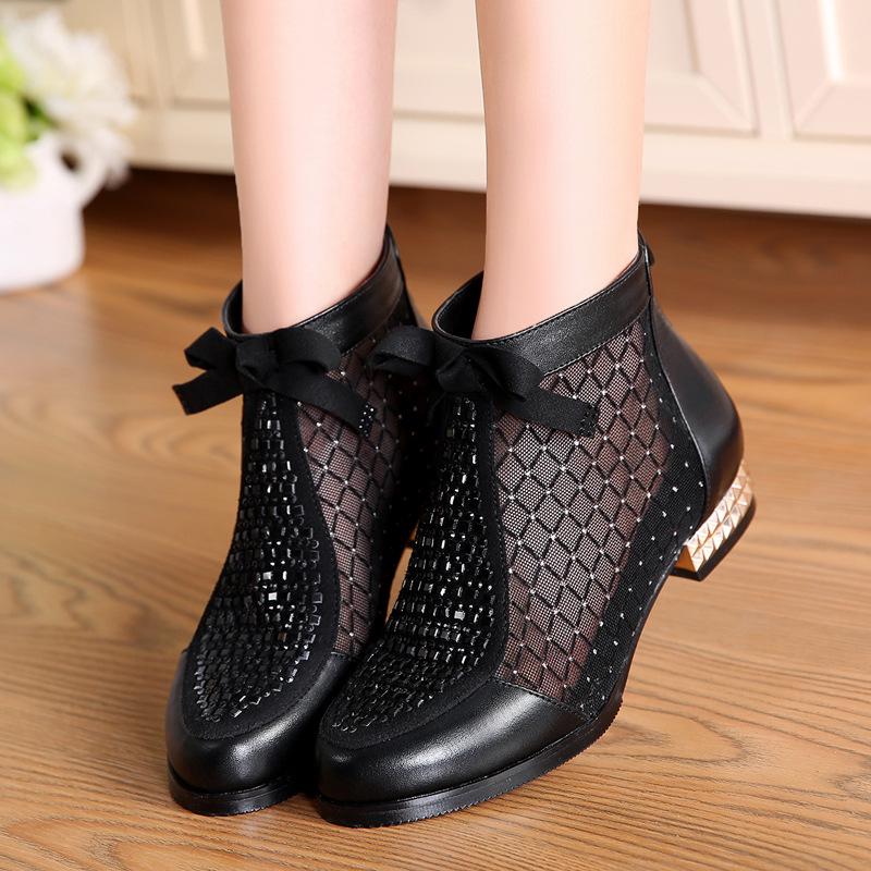 Fashion GKTINOO 2025 Spring Summer New Bow Genuine Leather Women Boots Hollow Mesh Ankle Boots Comfortable Low Heels Fashion Shoes