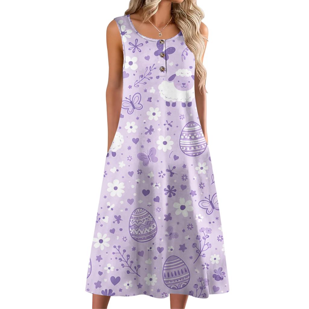 Women Fashion Casual Sleeveless Button Easter Print Dress With Pocket