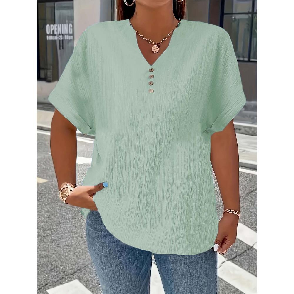 Dámské letní tričko s krátkým rukávem ve větší velikosti, jednobarevné, s knoflíkem, elegantní ležérní tričko