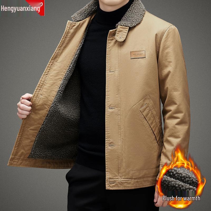 Men's Fleece-Lined Lambswool Jacket: Thick Cotton-Padded Outerwear for Autumn/Winter