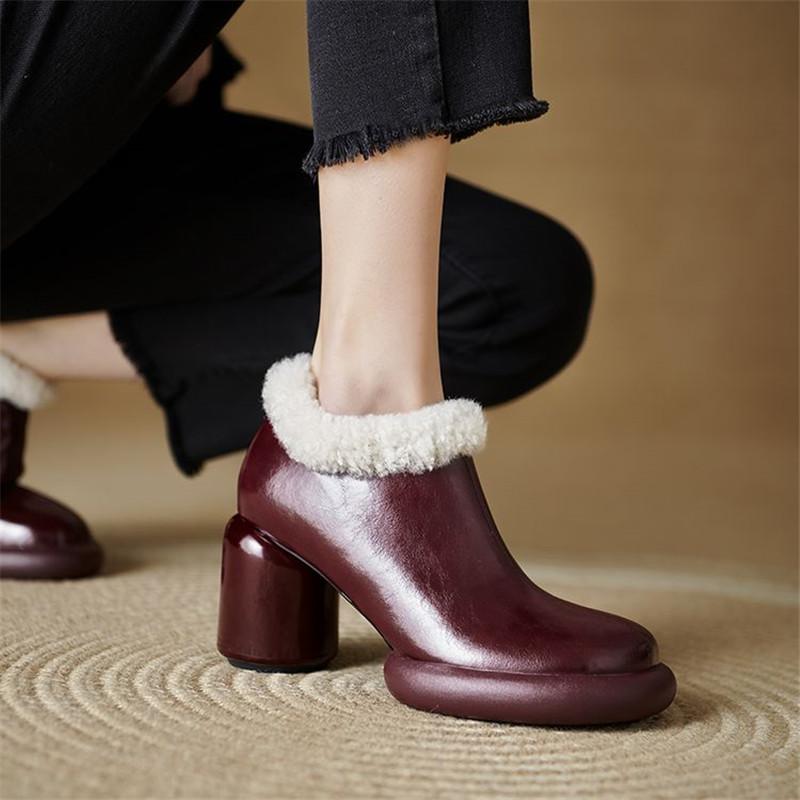 Fashion New Autumn Winter Split Leather Women Pumps Shoes for Women Fashion Round Toe Warm Fur Shoes Zaptos Mujer The Red High Heels