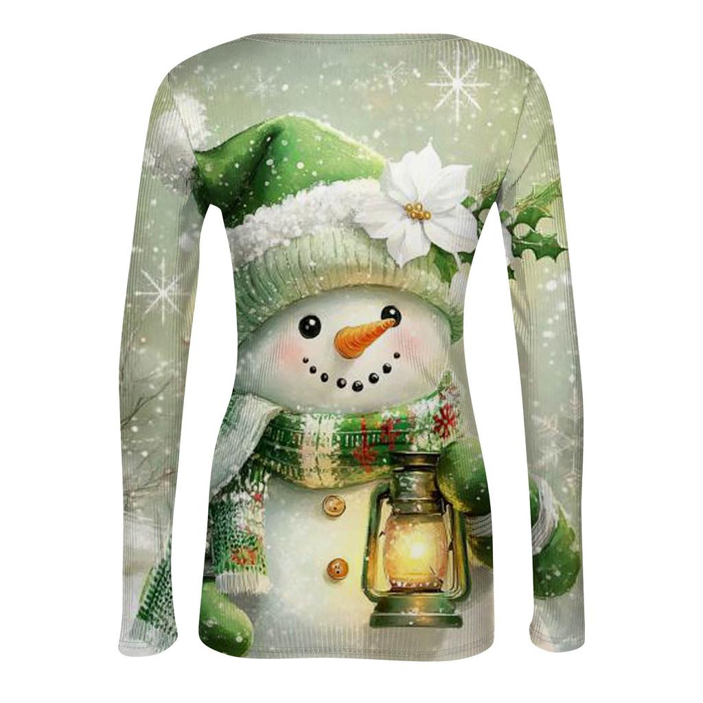 Women's Winter Slim-Fit Base Layer T-Shirt Fashionable Christmas Print V-Neck Pullover Long-Sleeved Top