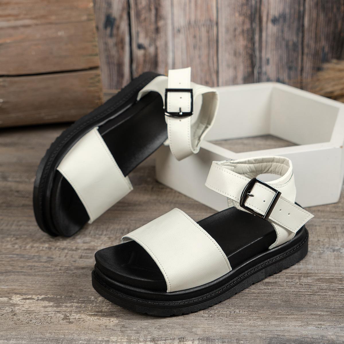 

Большие размеры 2025 года, новые однотонные туфли на толстой подошве с пряжкой на ремне с одним словом, круглая верхняя одежда, пляжные сандалии, женская обувь 43 белый