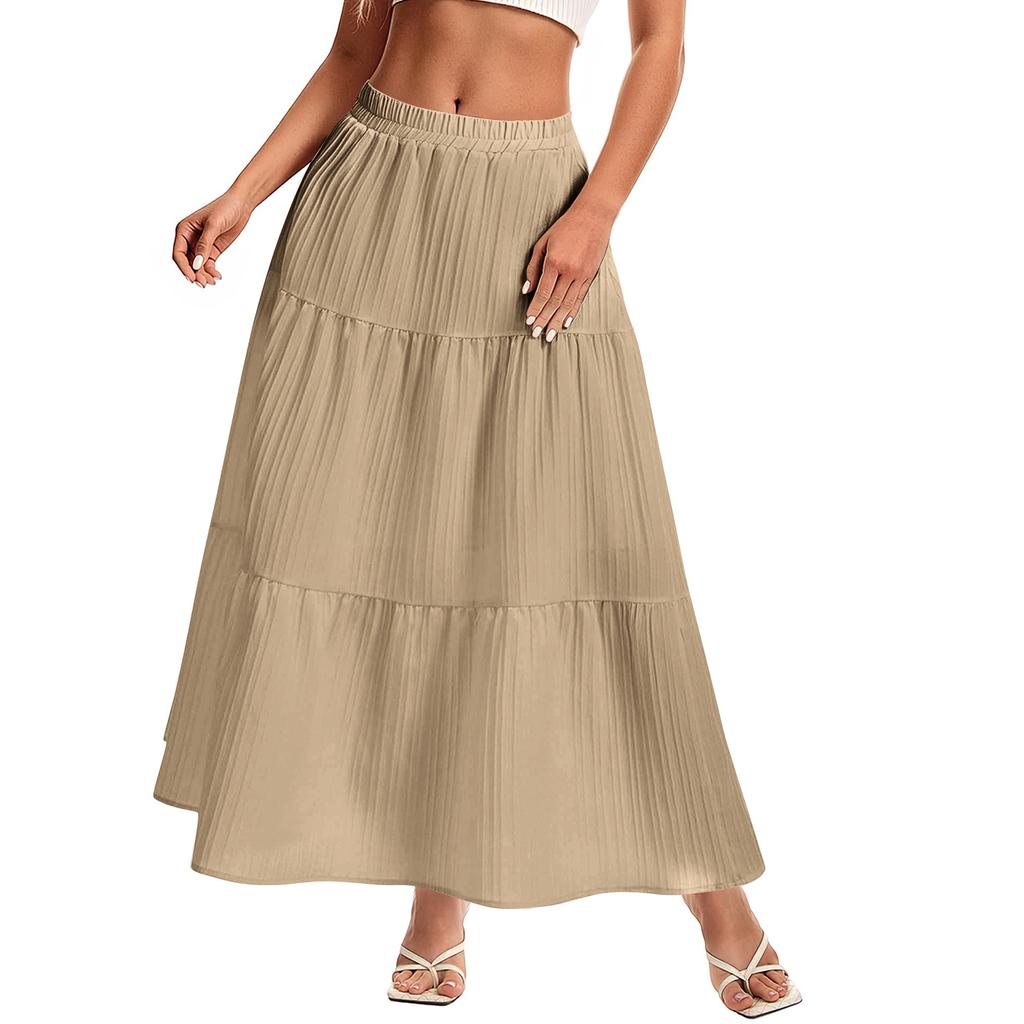 Women's High Waist Pleated Maxi Skirt Elastic Waistband Flowy Lightweight Long Skirt Tiered A Line Design Suitable for Casual and Daily Wear
