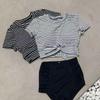 2024 Korean Style Striped High-Waisted Tummy-Covering Short Sleeve Swimsuit
