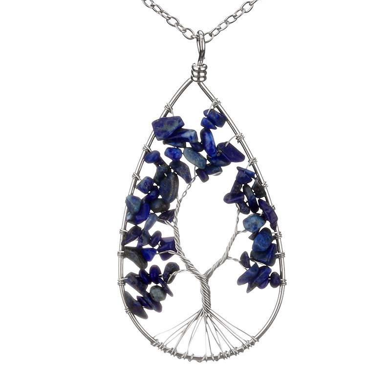 Silver Tree of Life Necklace with Seven-Color Natural Stone and Crystal Water Drop Pendant