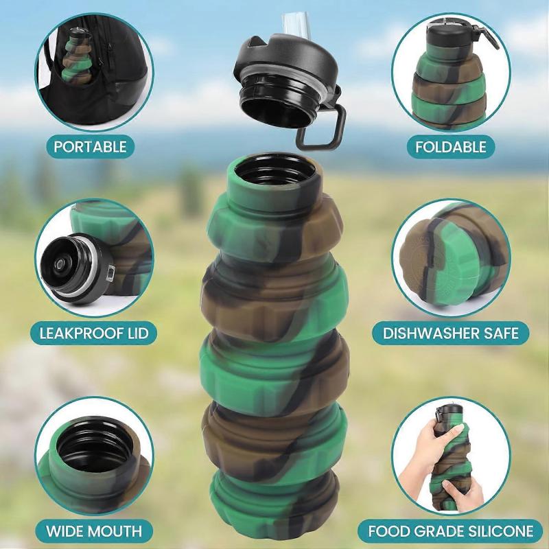Camouflage Collapsible Silicone Water Bottle - 500ml/17oz Foldable BPA-Free & Leakproof Bottle - Reusable Portable Cup