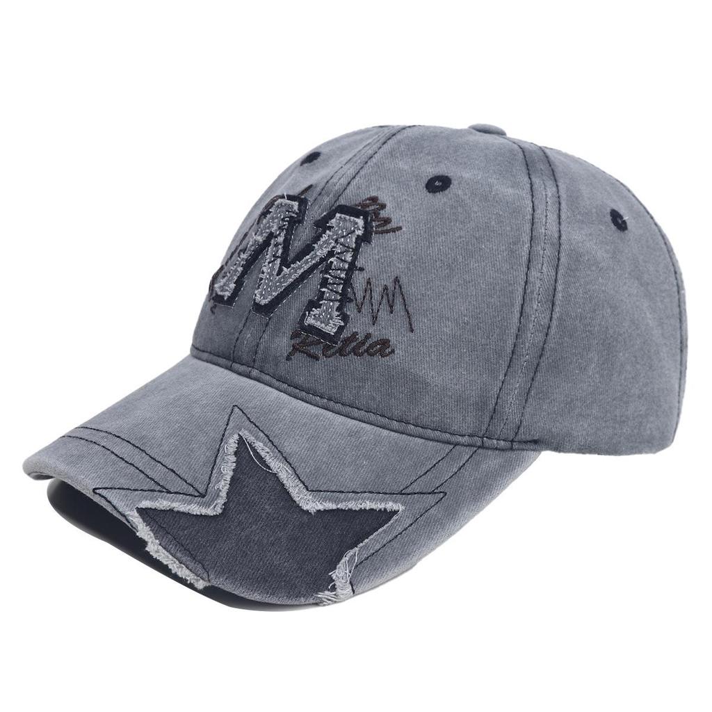 Women’s Retro Distressed Star Baseball Cap - Washed Denim Duckbill Hat with M Logo, Sun Protection, Face Slimming