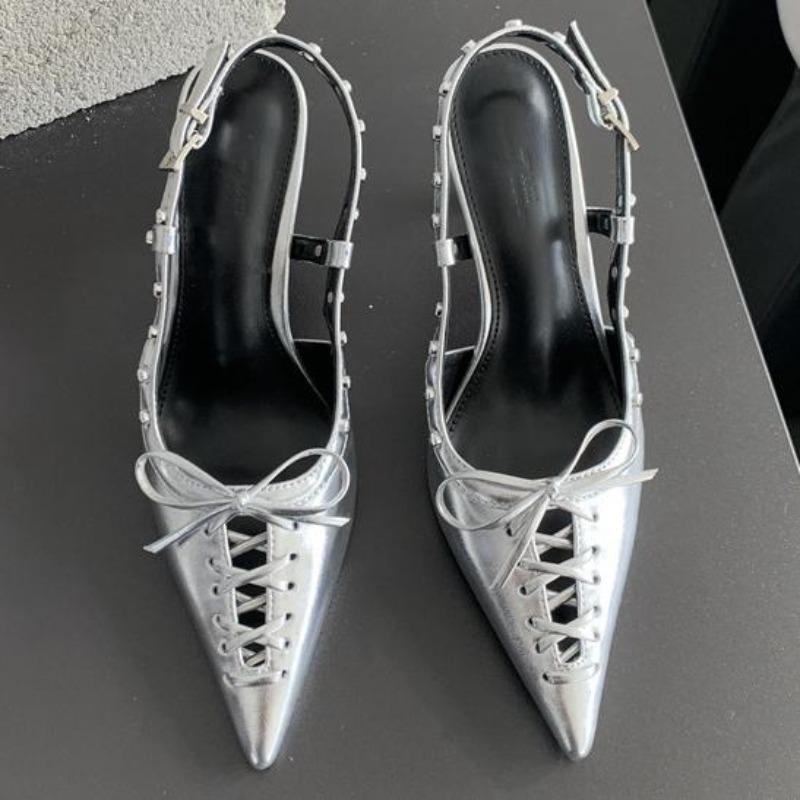 Fashion Fashion Design Rivets Back Buckle Strap Women Pumps Hollow Out Lace Up Pointed Toe Low Thin Heels Mules Sandals Shoes