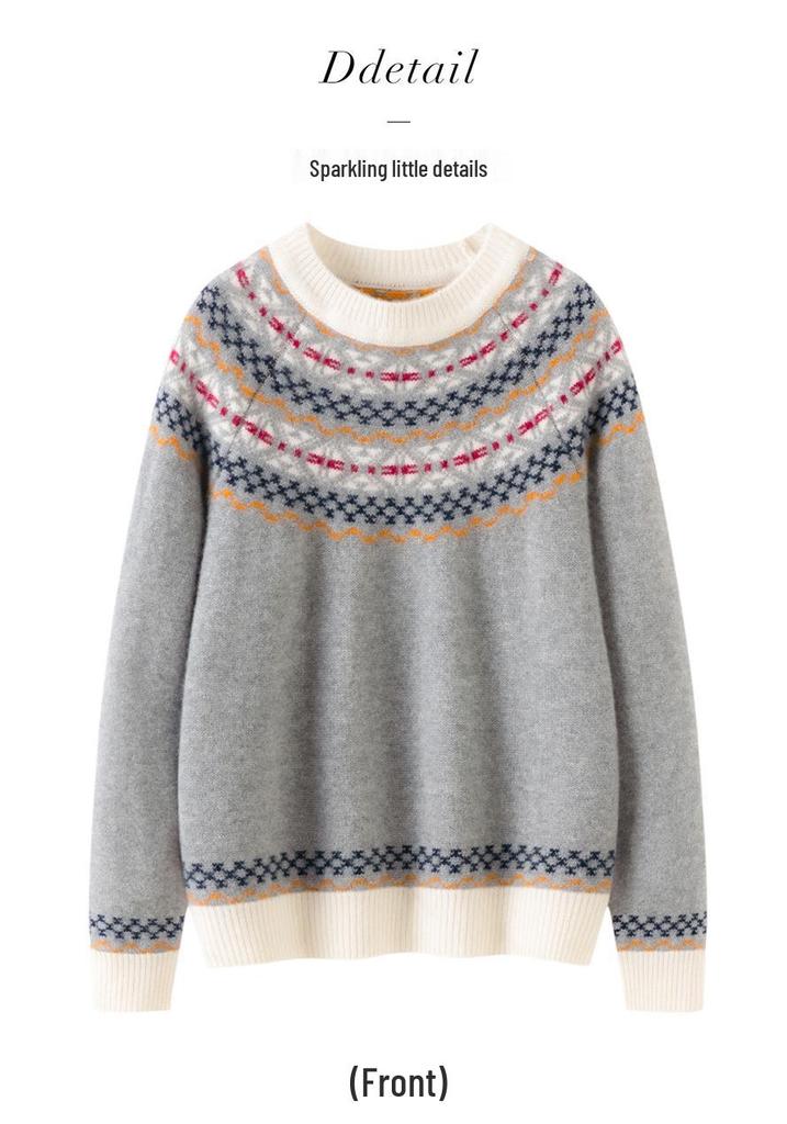 Women's Retro Fair Isle Jacquard Half-High Collar Cashmere Sweater – Loose Knit, Long Sleeve