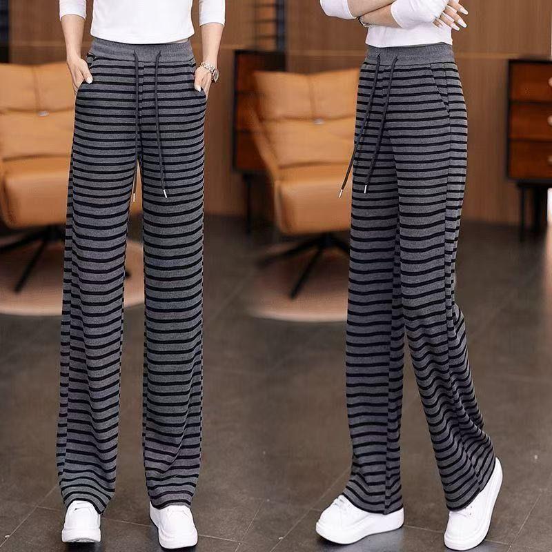 Women's Casual Striped Wide Leg Pants with Drawstring Elastic High Waist Loose Straight Leg Pants