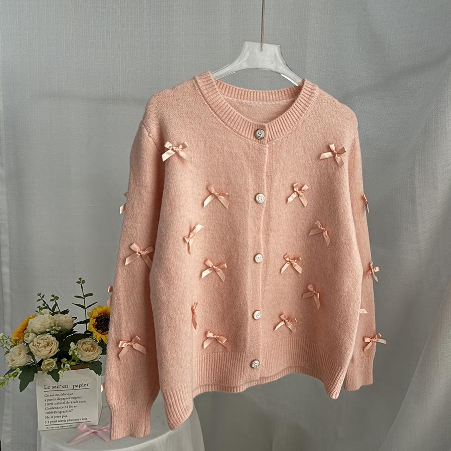 Women's 3D Bow Sweater 2026 New Fall Winter Long Sleeve Cardigan Cute Knit Top White S
