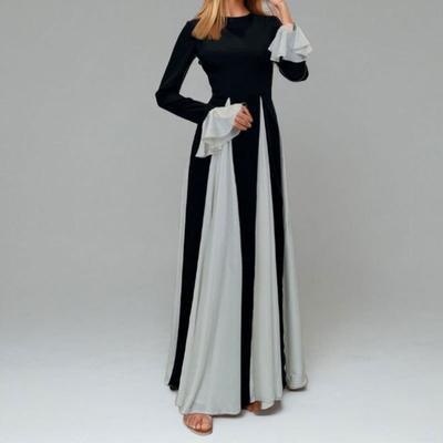 Cross-border European and American Women's Clothing, New Spring Models, Elegant Temperament, Contrasting Colors, Horn Sleeves, Waist Dress.