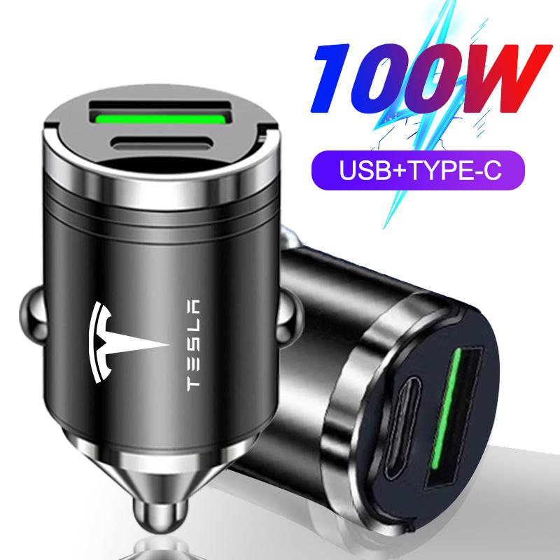 AAAIN1 100W Car USB+Type-C Charger Fast Charging Power Adapter For Tesla Model Y Juniper Model 3 Model S Model X SpaceX Auto Accessory