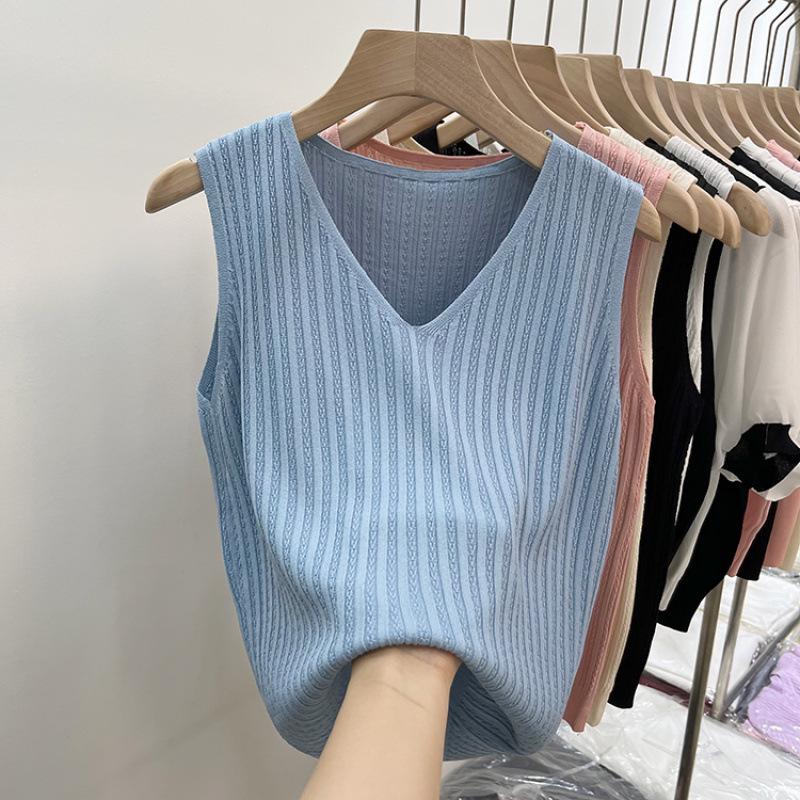 

2026 New Women s V-Neck Ice Silk Knit Camisole Top - White, Sleeveless, Thin Style Small One Size синий