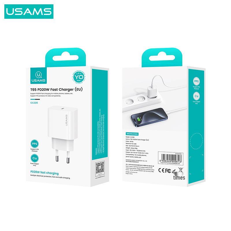 

USAMS 20W PD Fast Charger Head with PD Cable for Apple 15, 9V/2.2A, European Standard