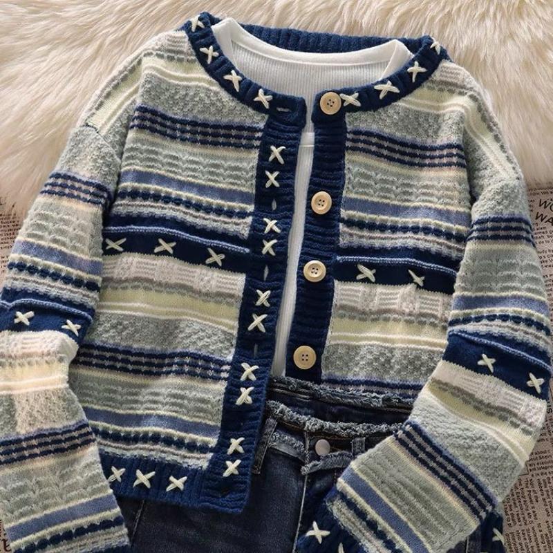 Women Striped Contrasting Knitted Cardigans Korean Style Retro Gentle Ladies Sweaters Autumn Casual Lazy Woman Cardigan Tops