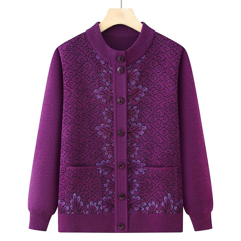 Round Neck Knitted Cardigan for Middle-Aged and Elderly Women - Grandma Style Sweater for Spring and Autumn