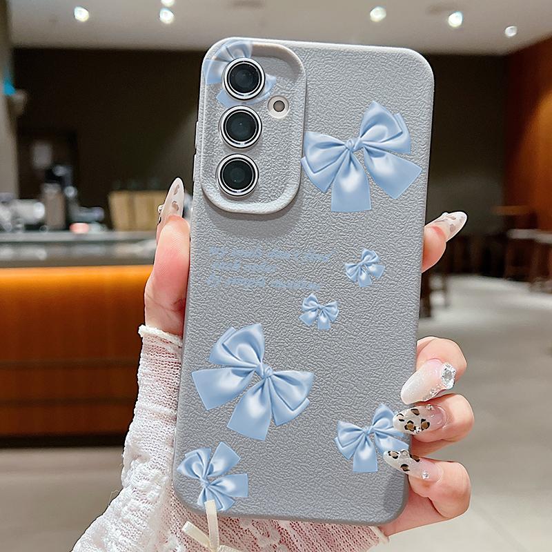 Blue Bowknot Pattern Leather Texture Plain Color Shell for Samsung S25 Ultra S24 Fe S23 S22 A56 A16 A15 A55 Soft Silicone Shockproof Matte Case