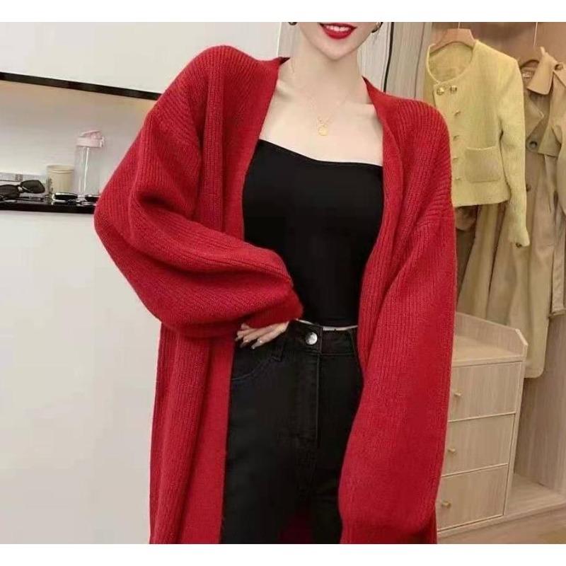 

Длинный повседневный универсальный вязаный кардиган-жакет женский свободный однотонный свитер универсальная модная вязка XXL красный