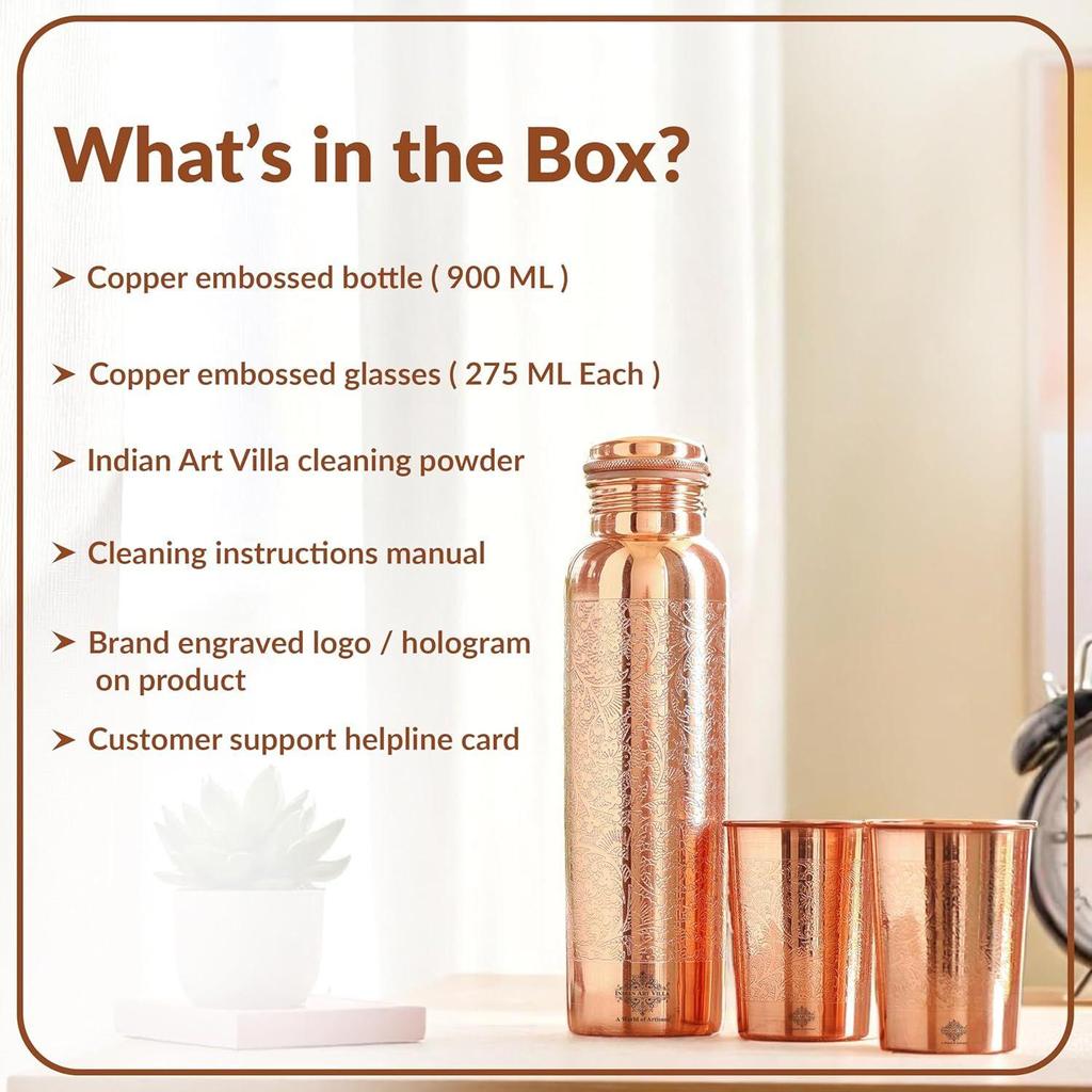 Pure Copper Drinkware Gift Set – Embossed Design with 1 Bottle (900 ML) & 2 Glasses (300 ML) In a Blue Box – Gifting Item