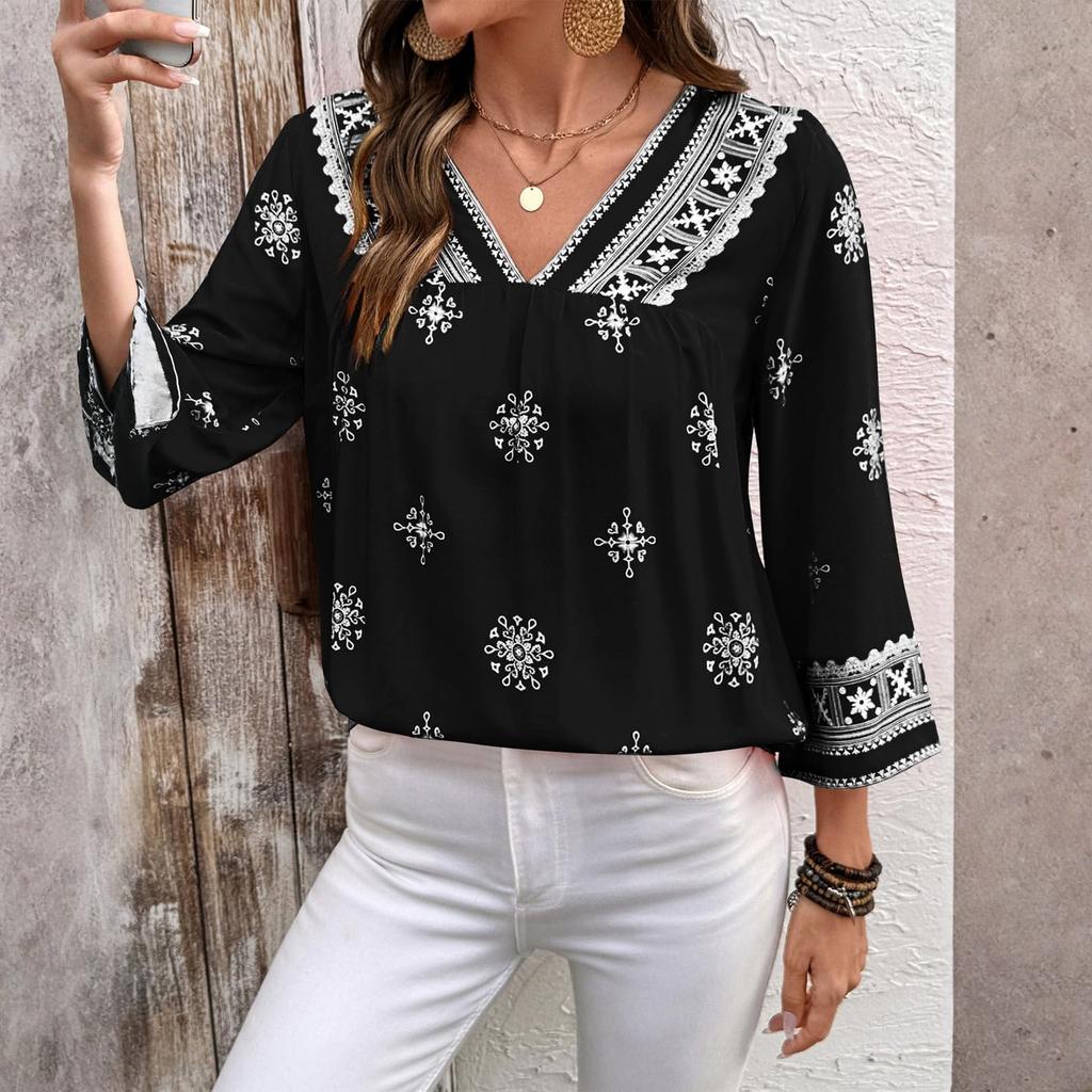 Ladies' Casual Retro Loose Bohemian Printed 3/4 Sleeve Shirt Top