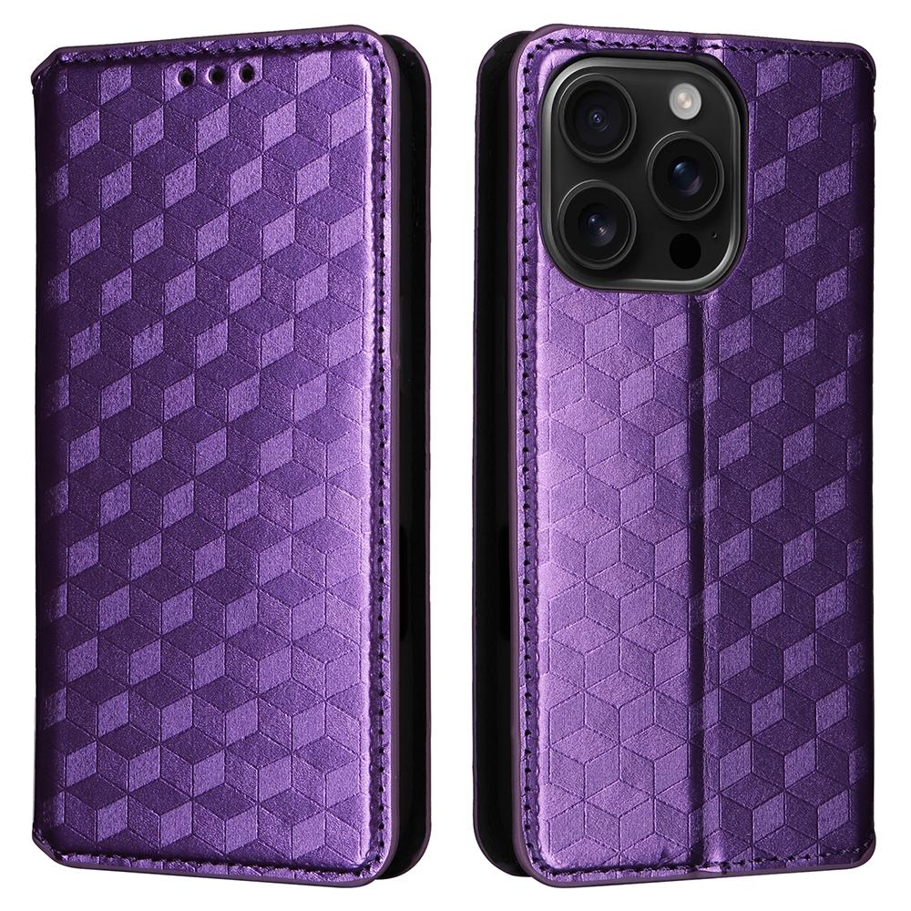 

For iPhone 16 Pro Wallet Case Rhombus Imprinted Leather Phone Cover Purple