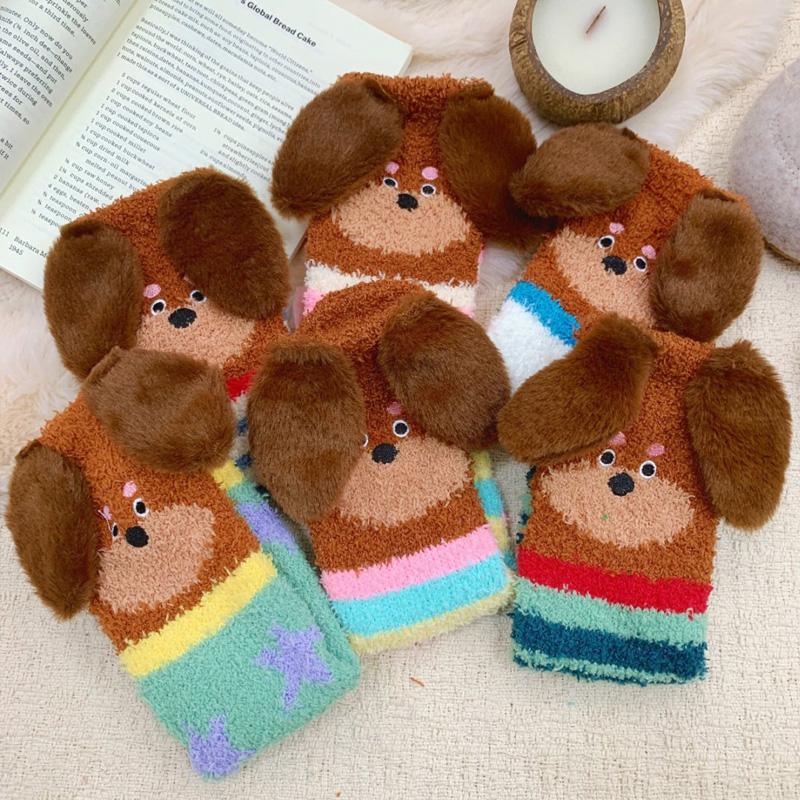 1Pair Thick Socks Cartoon Floor Socks Warm Coral Fleece Socks Comfortable Sleep Socks Skin-friendly Sausage Dog