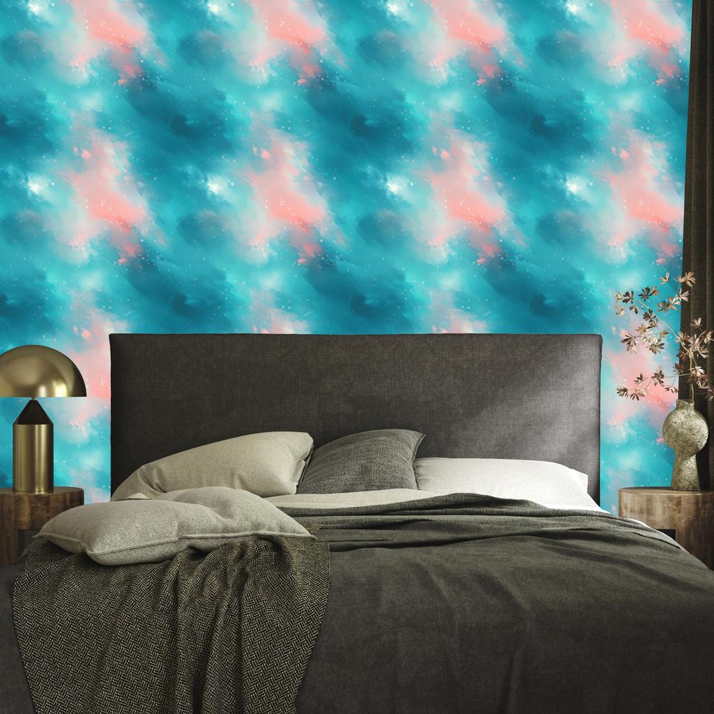 Watercolor Galaxy Wallpaper Turquoise and Light Gray 50x1000