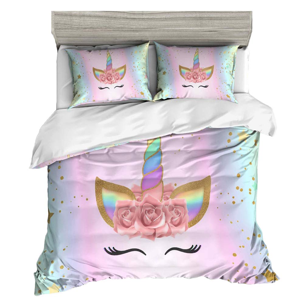 Unicorn Duvet Cover Set Purple Aqua Unicorn Bedding Set Full Size Rose Unicorn Flower Dreamy Cartoon Sparkle Lilac Bedspread