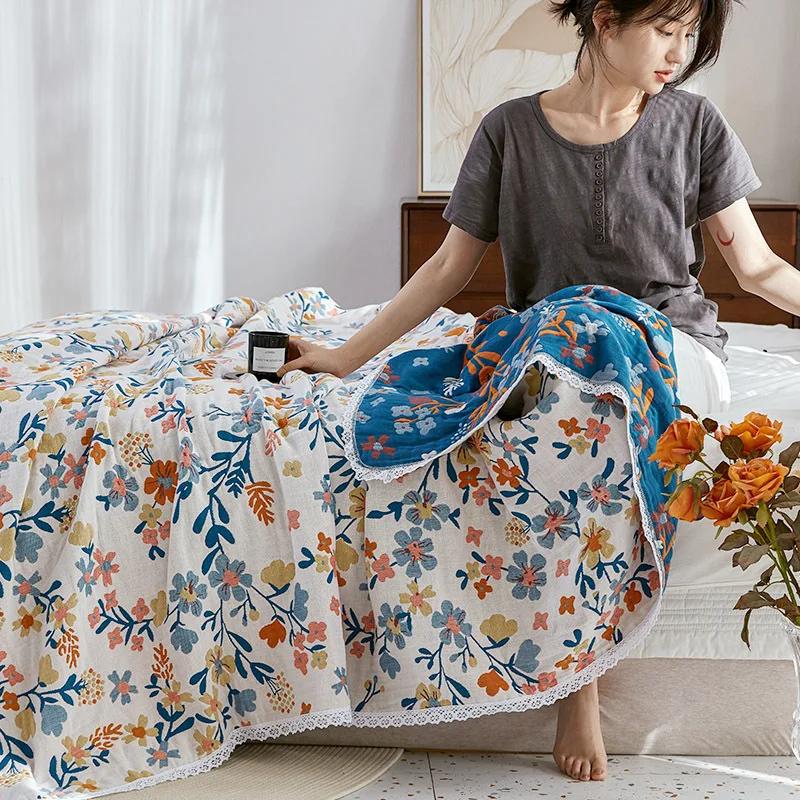 Nordic Leisure Blanket Cotton Gauze Towel Soft Blanket Sofa Towel Four Seasons Adult Bed Cover Small Flowers Sheet Boho Decor