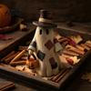 Cute Halloween Party Supplies Lighted Patchwork Ghost Resin Figurine with Pumpkin Lantern Rustic Farmhouse Style Fall Home Decor Tabletop Lamp