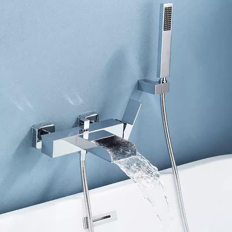 Zestaw prysznicowo-wannowy w kolorze szczotkowanego złota, montowany na ścianie, czarny kran wannowy, biały, wodospad, bateria łazienkowa do wanny i prysznica, mosiądz