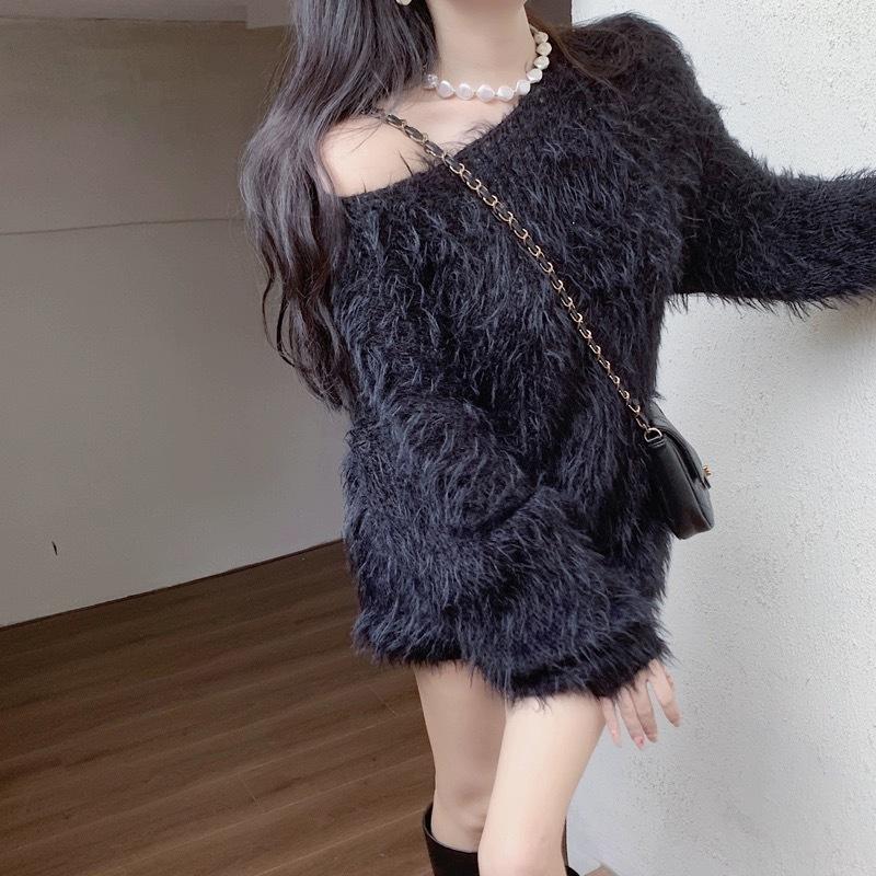 Dámský pletený svetr se svetrem s lodním límcem a volným svetrem z umělého norkového sametu