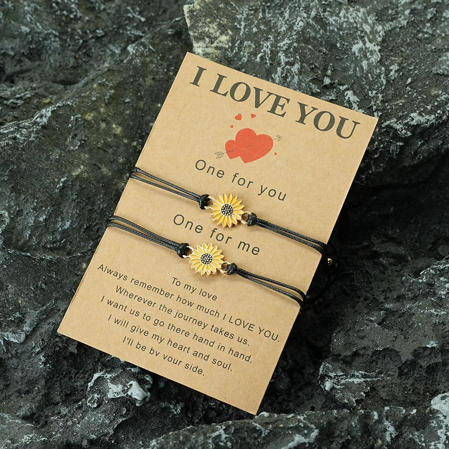 Noter 2Pcs Handmade Braided Friendship Bracelet Unisex Cute Chrysanthemum Charm Braslet Valentine Day Couple Accessories Joias