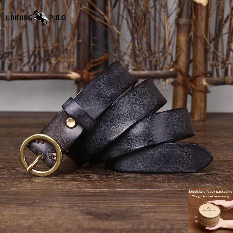 Cintura di Jeans con Fibbia in Rame in Vera Pelle Moda Cintura da Donna in Vera Pelle di Vacchetta con Fibbia Rotonda Ins