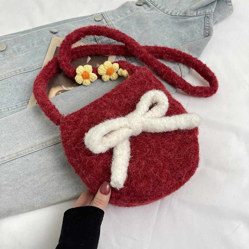 Macaron plush oval cute autumn new bag small crossbody shoulder backpack bow mobile phone bag