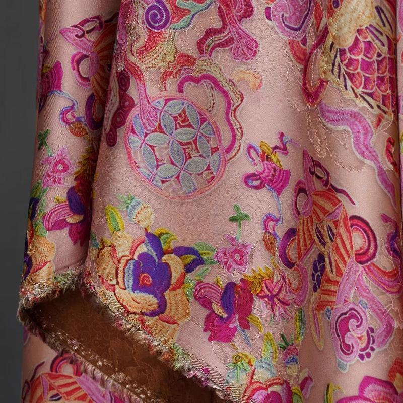 100x145cm Pink Flower Rose Jacquard Fabric Double Fish Lion Qilin Xiangyunsha New Chinese-style Cheongsam Dress Top Fabric
