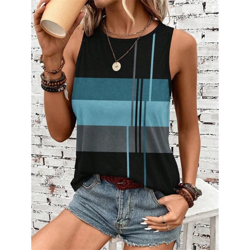 

Women s Sleeveless Round-neck Vests Fashionable Geometric Color Block Printed Summer Street Fashion Casual Wear S