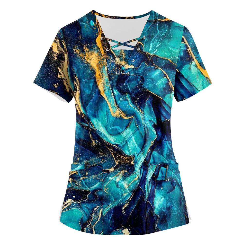 Dámská pracovní uniforma s krátkým rukávem a výstřihem do V s potiskem