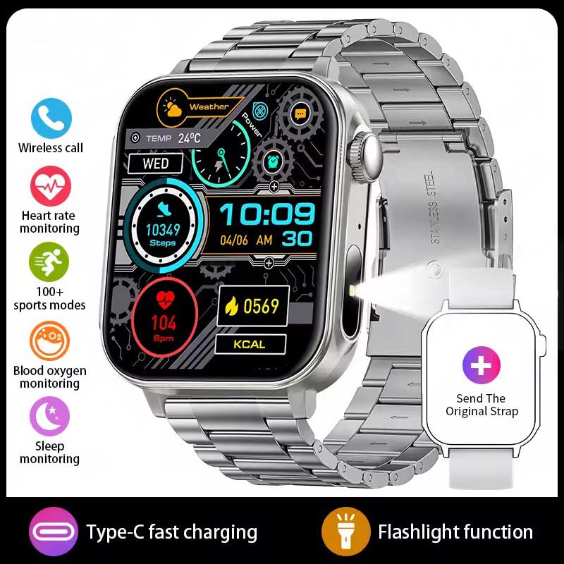 LUCKY START Type-C Fast Charging Smart Watch Men Women Health Manager Bluetooth Call LED Flashlight Waterproof Sport Fitness Smartwatch