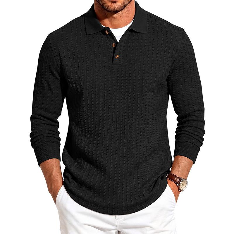 Men S Long Sleeve Polo Shirt Casual Fitted Jacquard Solid Color