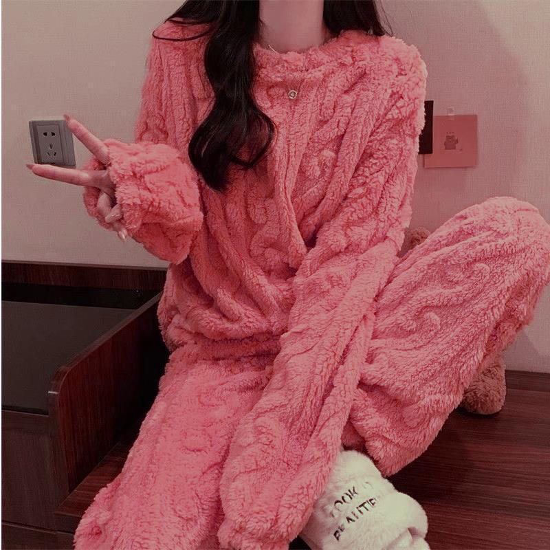 Women's Cable Knit Coral Fleece Warm Pajama Set for Autumn/Winter