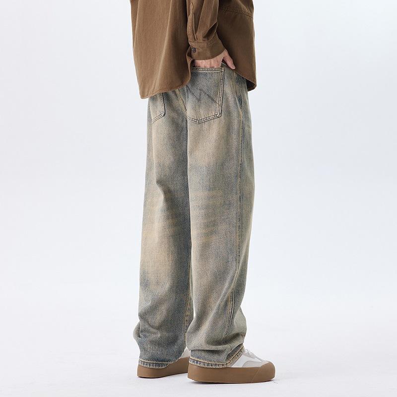 New American Style Personalized Yellow Mud Dye Nostalgic High Street Straight Versatile Loose Floor Jeans